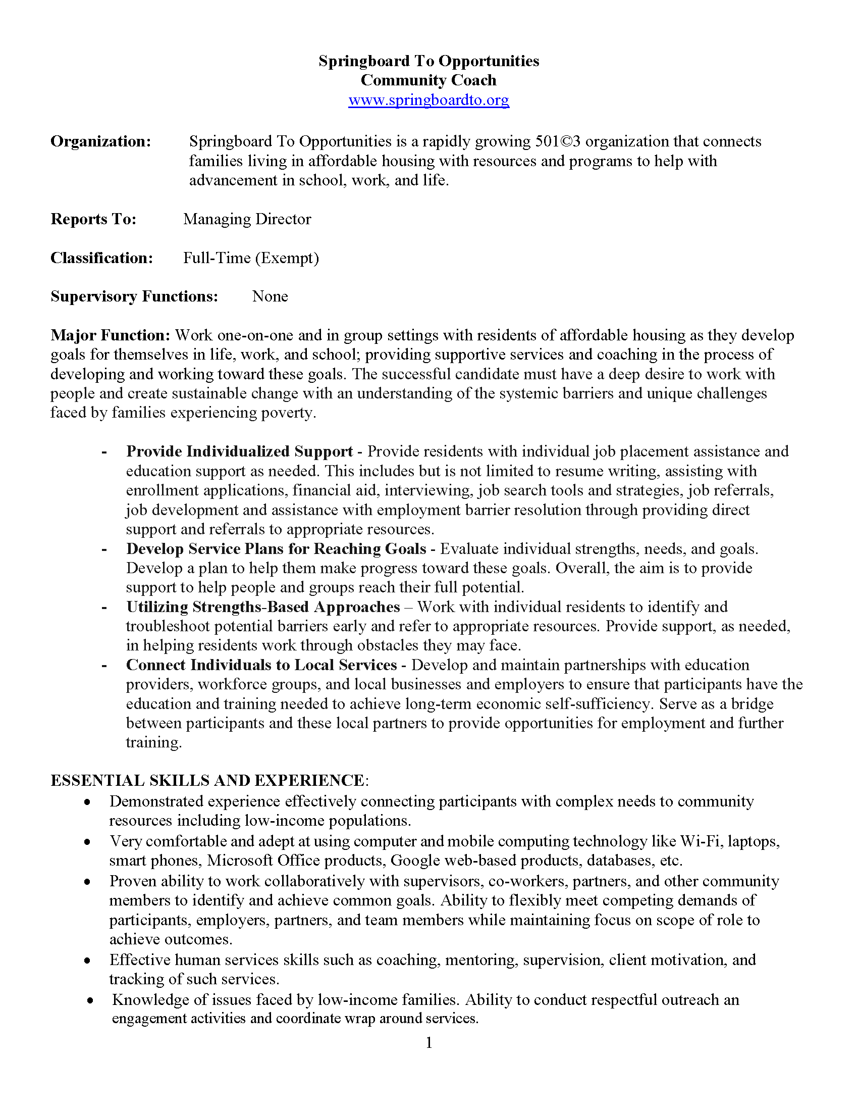 Community Coach Job Description