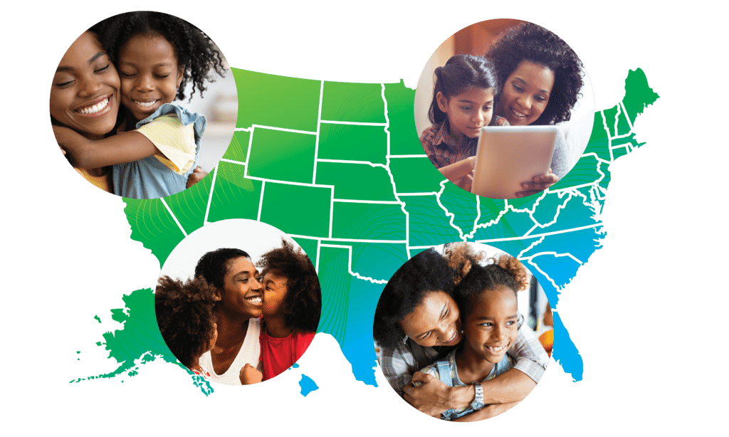 Four photos of mothers with their children on top of a map of the United States.