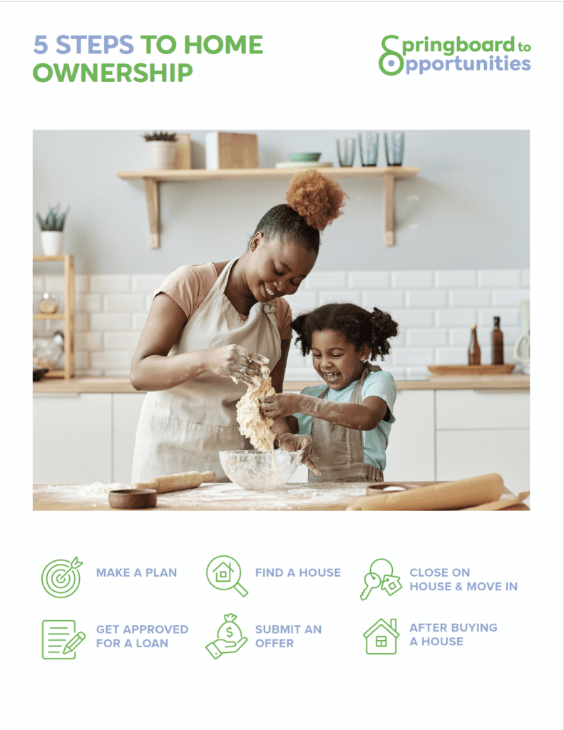 Cover of the guide Five Steps to Home Ownership, featuring a mother and child baking together. 