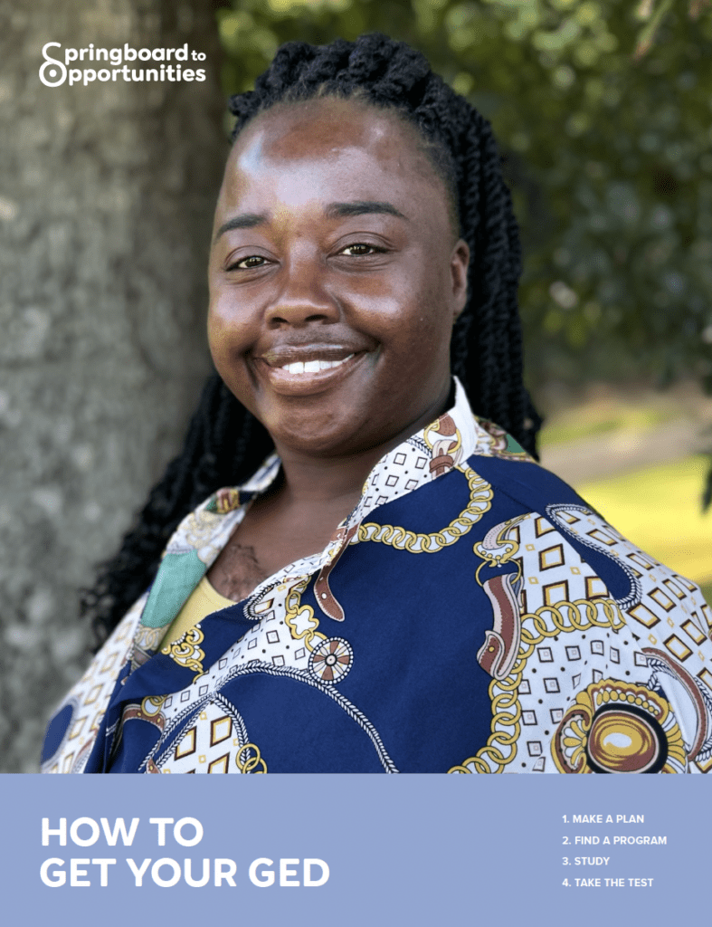 Cover for the guide How to Get Your GED featuring a woman in a blue shirt smiling at the camera.