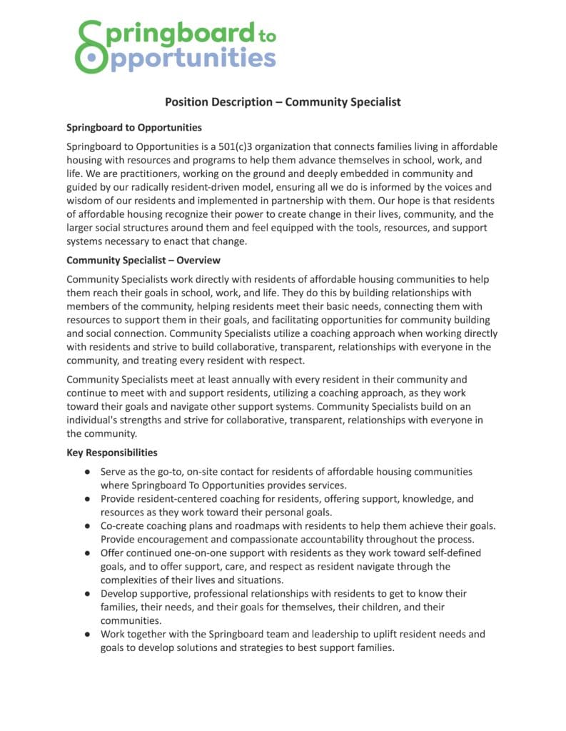 Community Specialist Job Description
